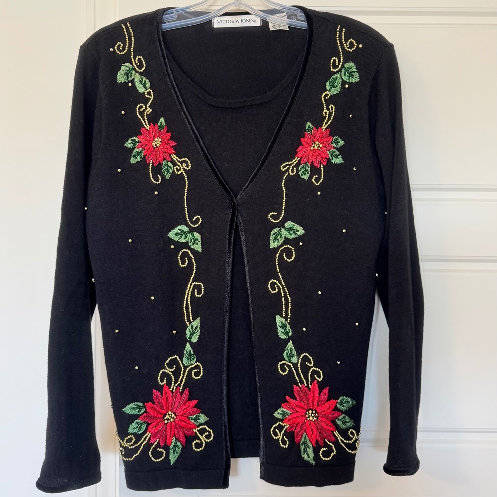 Victoria Jones Vtg Women's Black‎ Holiday Poinsettia Beaded Sweater S Layer-Look